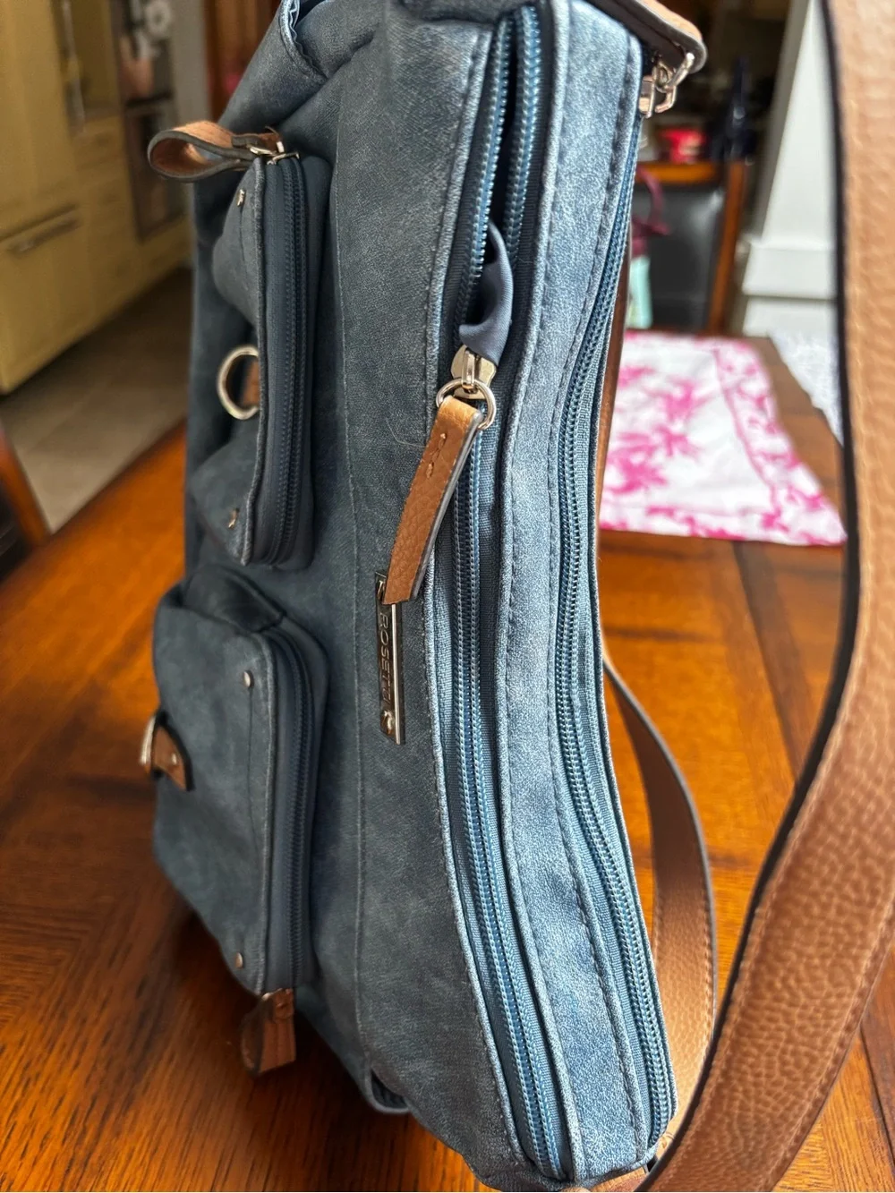 hobo-style shoulder bag denim-look faux leather in blue.